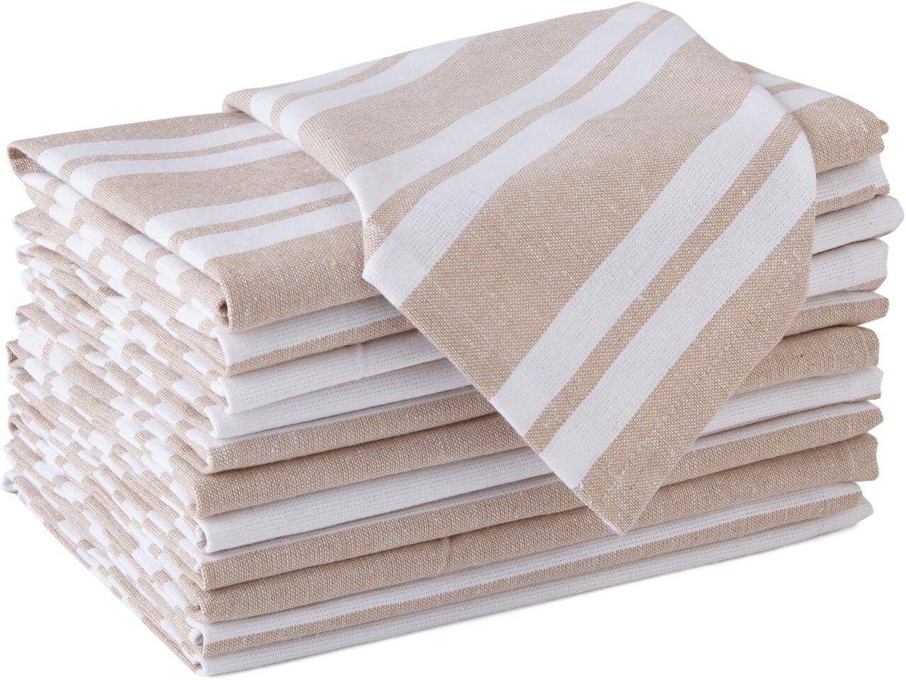 Set of 12 Beige Striped Cotton Cloth Napkins, 17×17 in, Washable & Reusable